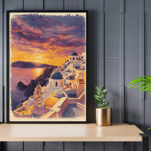 Poster Pôr do Sol Sobre Santorini – Grécia à Beira-Mar Re