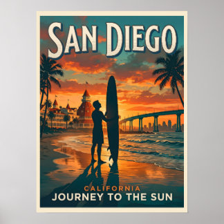 Poster Pôr do Sol Surf Viagem em San Diego Califórnia