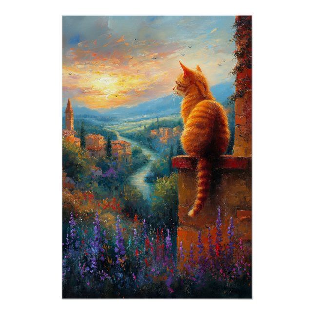 Póster Pôr do sol toscano com um gato ginger (Frente)