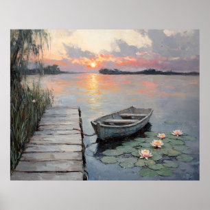 Poster Pôr do Sol Tranquilo Sobre Barco a Remo em um Lago