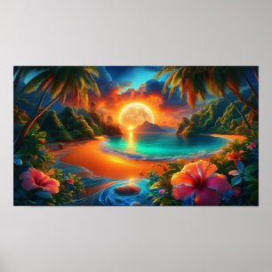 Poster Pôr do sol tropical cativante Praia dourada Selva