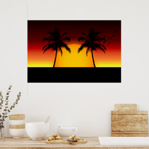 Poster Por do sol tropical com palmeiras