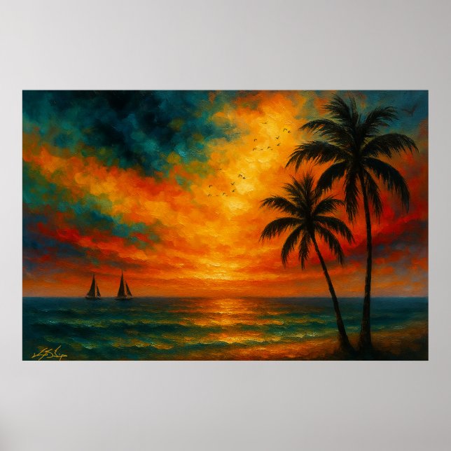 Poster Pôr do Sol Tropical com Velas (Frente)