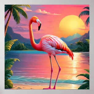 Poster Pôr do sol tropical do flamingo 