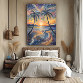 Poster Pôr do Sol Tropical em Estilo Pontilhista