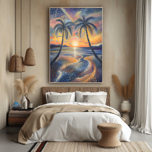 Poster Pôr do Sol Tropical em Estilo Pontilhista