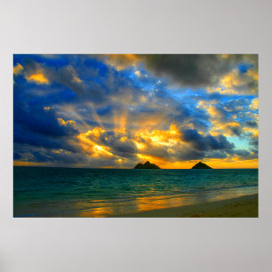 Póster Por do sol tropical havaiano dourado da praia