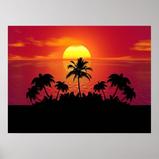 Poster Pôr do Sol Tropical Palmeiras Silhueta Praia (Frente)