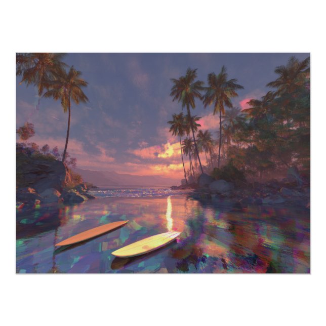 Póster Pôr do Sol Tropical Sonhador com Reflexos de Glitc (Frente)