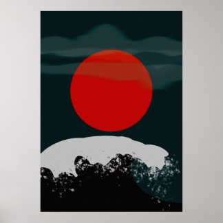 Poster Pôr do sol verde escuro com sol vermelho