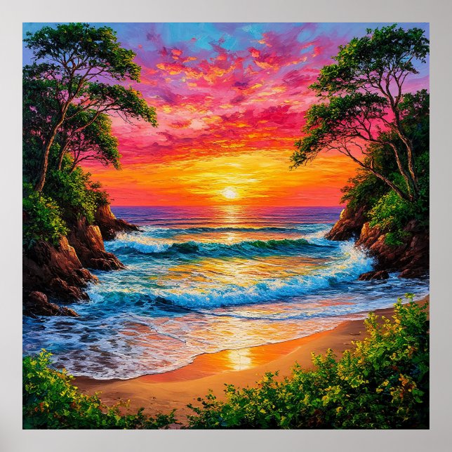 Poster Pôr do sol vibrante sobre a costa do oceano (Frente)