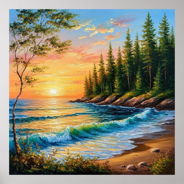 Poster Pôr do sol vibrante sobre as ondas do oceano (Frente)