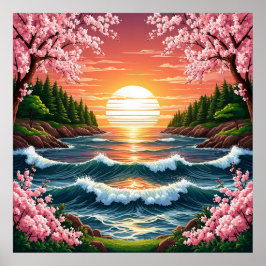 Poster Pôr do sol vibrante sobre as ondas do oceano