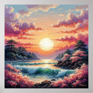 Poster Pôr do sol vibrante sobre as ondas do oceano