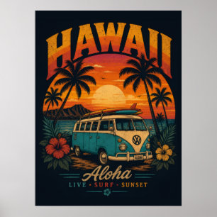 Poster Pôr-do-sol Vintage Havaiano Palmeiras Prancha de S