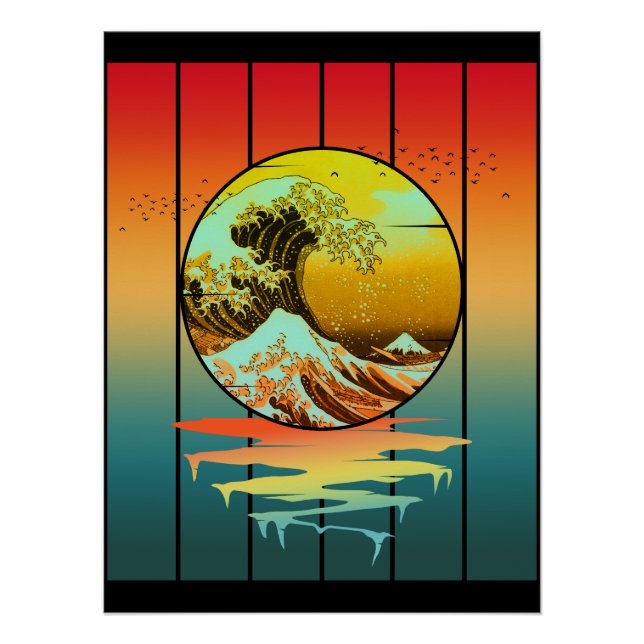 Póster Pôr do sol vintage onda japonesa Kanagawa Oceano  (Frente)