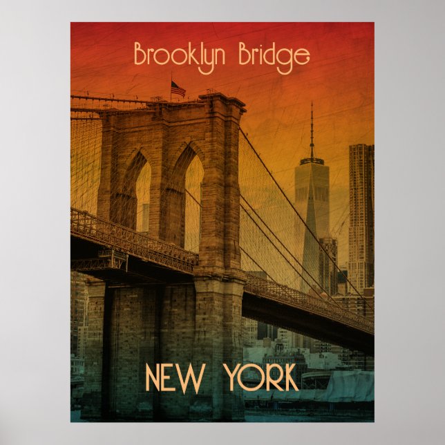 Poster Pôr do sol vintage Ponte de Brooklyn Nova York (Frente)