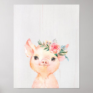 Poster Porco Bebê Floral em Aquarela
