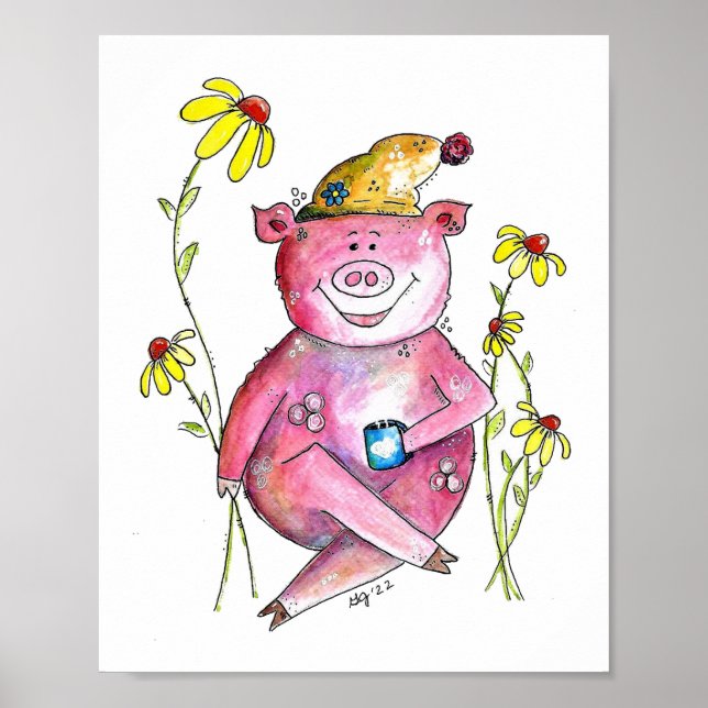 Poster Porco Caprichoso Fofo Bebendo Café (Frente)