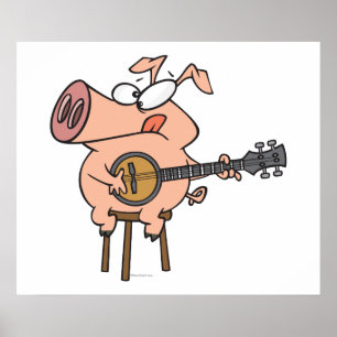 Póster porco engraçado tocando banjo personagem de desenh