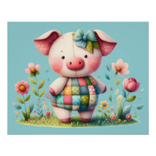 Póster Porco Patchwork Caprichoso no Jardim Floral