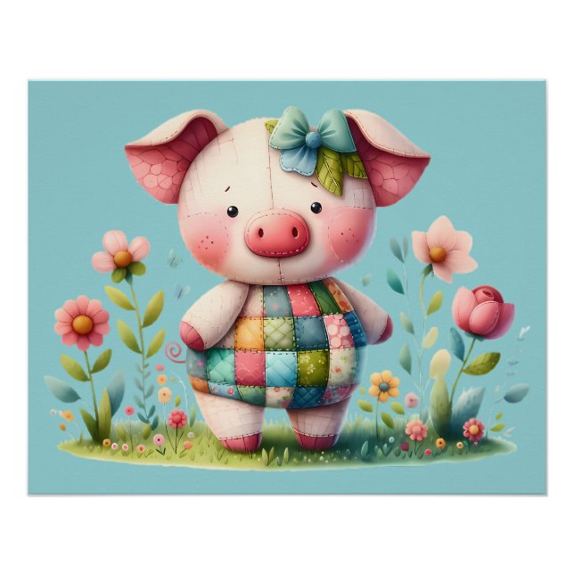 Póster Porco Patchwork Caprichoso no Jardim Floral (Frente)