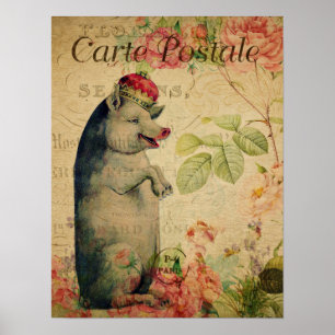 Poster Porco Postal Francês Vintage Com Coroa