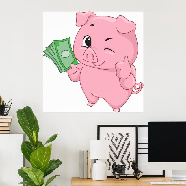 Poster Porco Rosa Segurando Dinheiro Fazendo Sinal de Pos (Criador carregado)