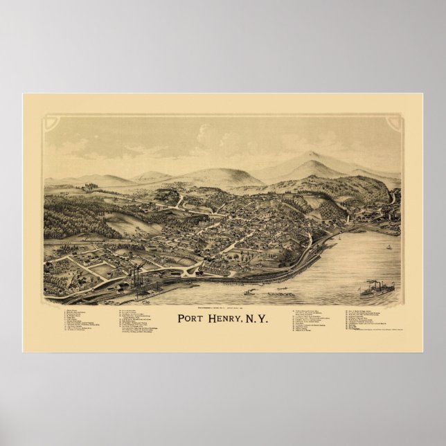 Póster Port Henry, Mapa Panorâmico NY - 1889 (Frente)