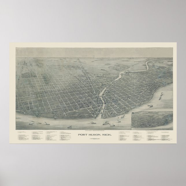 Póster Port Huron, MI Panorâmica Map - 1894 (Frente)