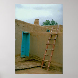 Póster Porta Azul E Escada Do Adobe Pueblo Taos