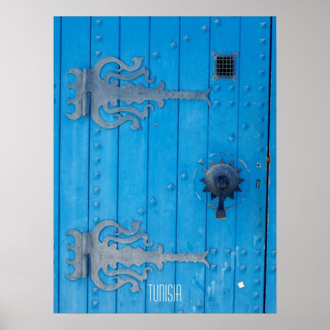 Poster Porta de Madeira Azul Tradicional na Tunísia (Frente)