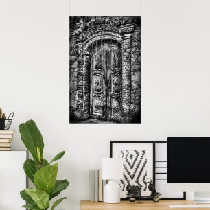 Poster Porta de madeira esculpida de palácio abandonado
