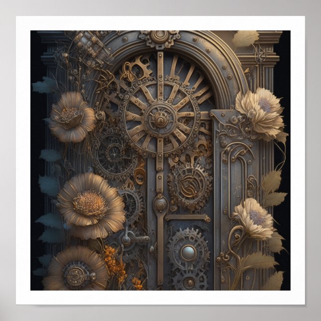 Poster Porta Steampunk com Flores (Frente)
