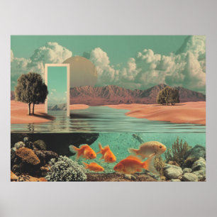 Poster Porta Surrealista no Deserto com Cena Subaquática