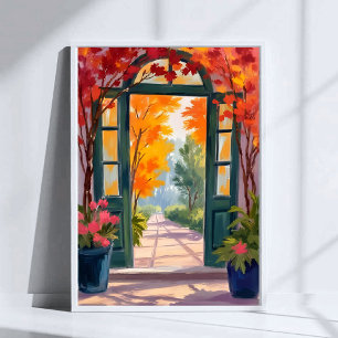 Poster Portão de Jardim   Pintura Floral Botânica em Aqua