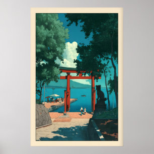 Poster Portão Torii Costeiro Estilo Hasui Kawase, Azul