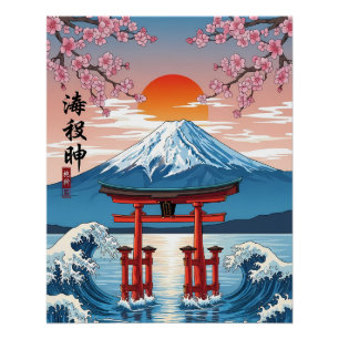 Póster Portão Torii no Monte Fuji ao Nascer do Sol