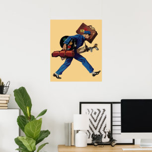 Póster Porteiro de hotel antigo fardado, mala e taco de g