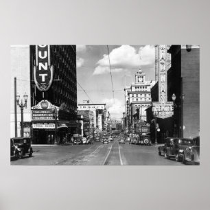 Póster Portland, OU vista de Broadway que olha norte