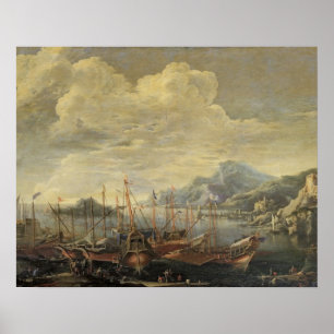 Póster Porto com farol e navios (óleo em canvas)
