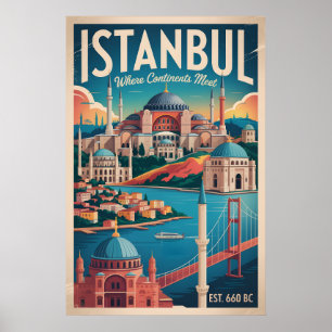 Poster Pôrto de Istambul Turquia Paisagem Urbana Céu Retr