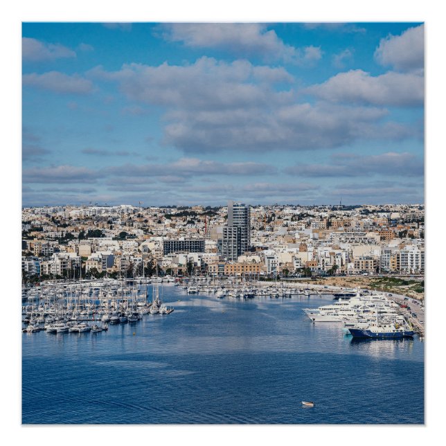 Póster Porto de Sliema com edifícios modernos e barcos (Frente)