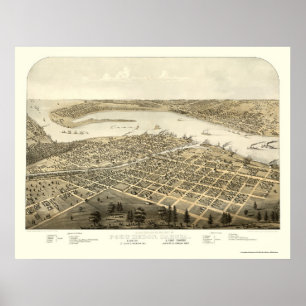 Poster Porto Huron, mapa panorâmico do MI - 1867