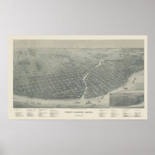 Póster Porto Huron, mapa panorâmico do MI - 1894