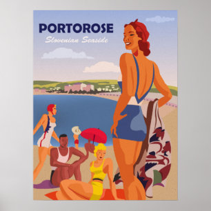 Poster Portorose, meninas na praia, viagens vintage