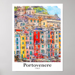 Poster Portovenere Itália Viagem Watercolor Drawn