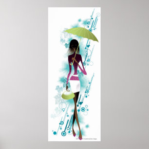 Póster Portrait of young woman holding purse and umbrella