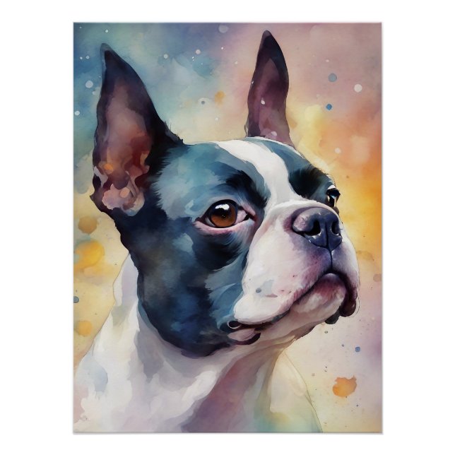 Póster Portrato Digital de Aquarela de Boston Terrier 173 (Frente)