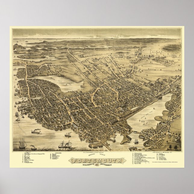 Póster Portsmouth, Mapa Panorâmico NH - 1877 (Frente)